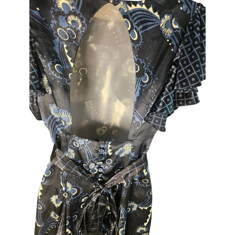 Celia Birdwell Top Shop Blue Floral Dress Vintage Ruffled Open Back Silky Sz 8 - Picture 7 of 13